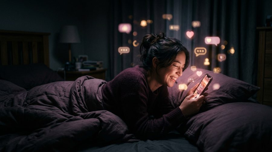 Orang terbaring di kamar gelap tersenyum menatap layar ponsel yang memancarkan cahaya merona lembut