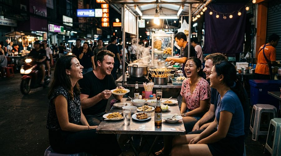 Orang-orang berbagi tawa di sekitar meja warung makan malam dengan cahaya hangat